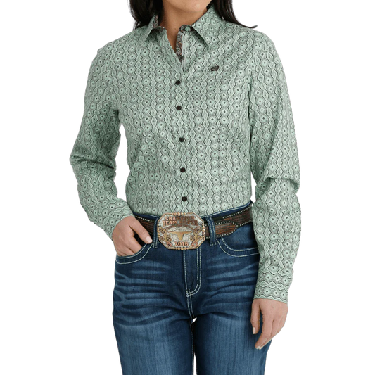 Women's Green Western Printed Button Down Shirt MSW9165043