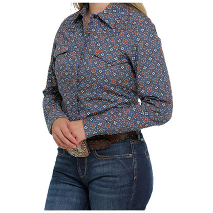 Women's Long Sleeve Button Shirt - Blue Print - STYLE MSW9201035