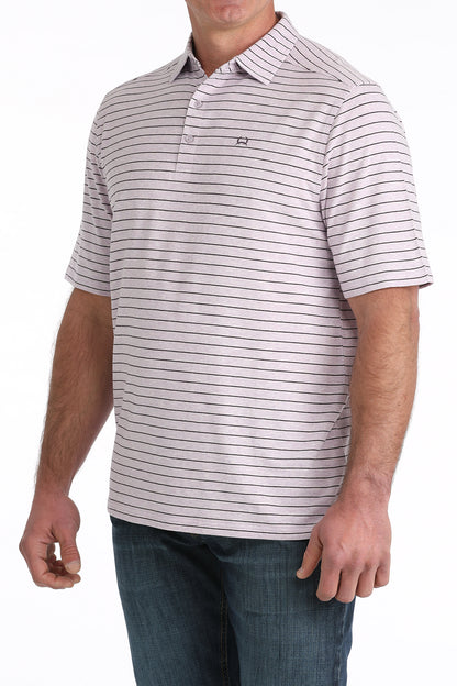 Man wearing a striped polo shirt on a white background