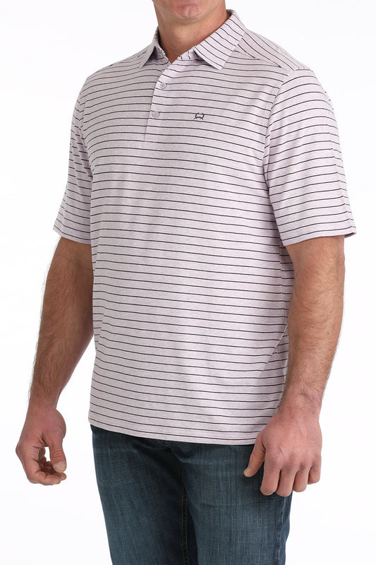 Man wearing a striped polo shirt on a white background