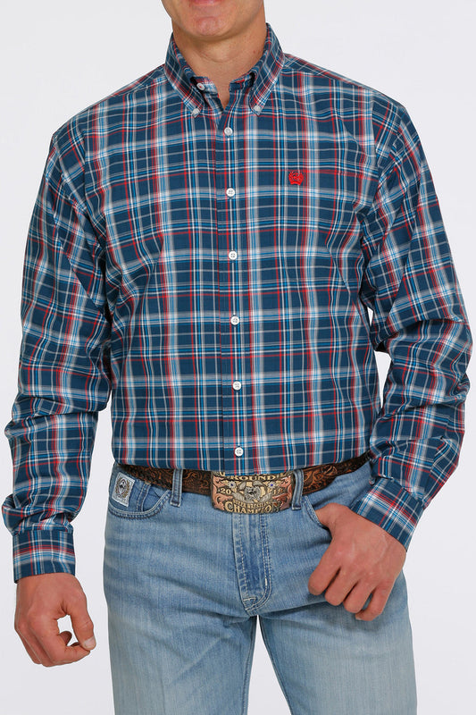 Men's Navy Plaid Classic Fit Button Western Shirt - MTW1105407