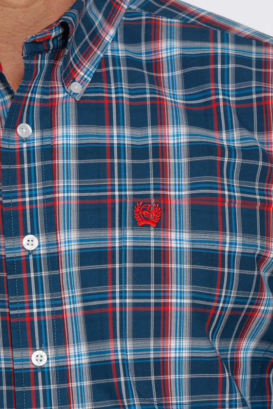Men's Navy Plaid Classic Fit Button Western Shirt - MTW1105407
