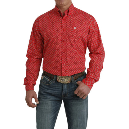 Men's Red Medallion Print Long Sleeve Button Down Western Shirt - MTW1105727