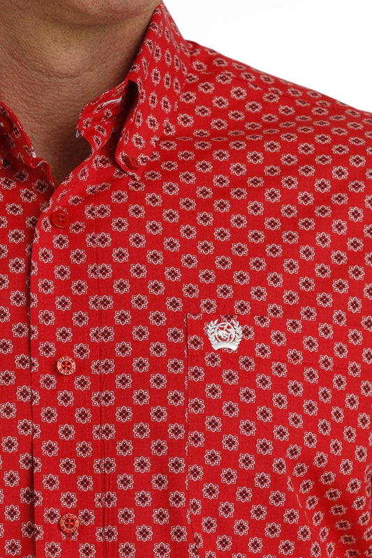 Men's Red Medallion Print Long Sleeve Button Down Western Shirt - MTW1105727