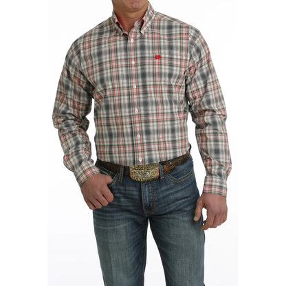 Men's White & Red Plaid Button Down Shirt - MTW1105728