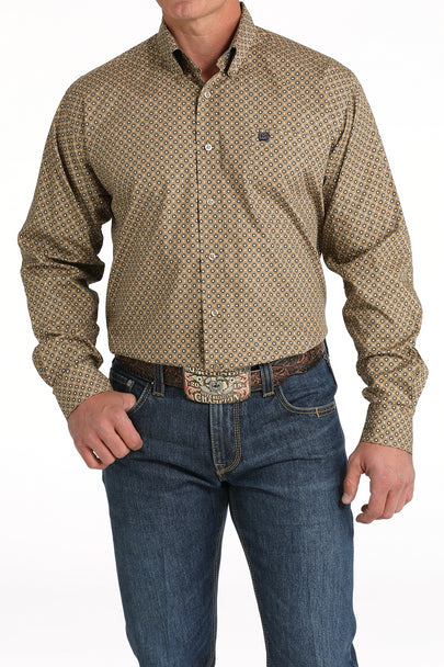Men's Geometric Print Button Down Western Shirt - Dark Brown - MTW1105810
