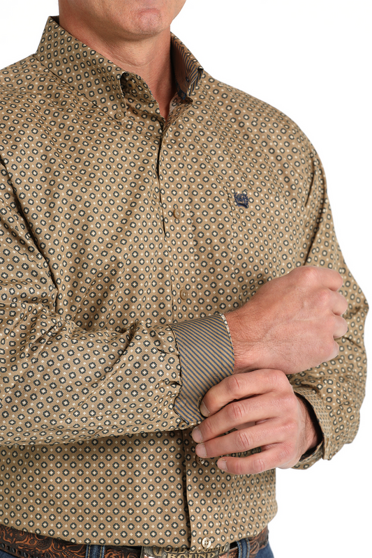 Men's Geometric Print Button Down Western Shirt - Dark Brown - MTW1105810