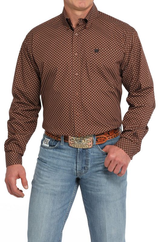 Men's Geometric Print Button Down Western Shirt - Brown - MTW1105835