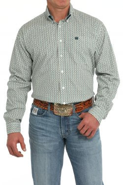 Men's Geometric Print Button Down Western Shirt - White - MTW1105863