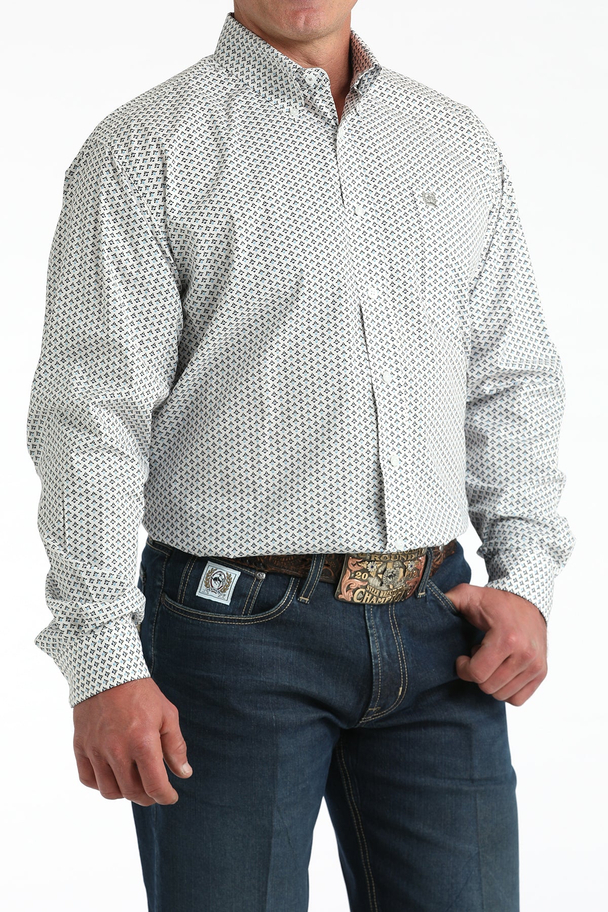 Cinch Men's White/Gray Geo Print Classic Fit Button-Down Western Shirt