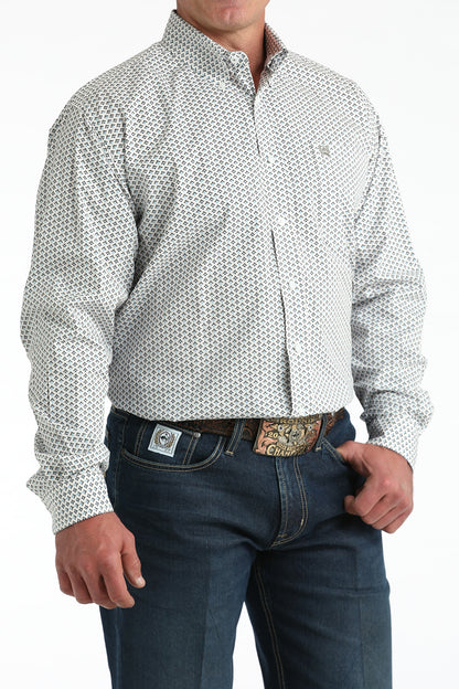 Cinch Men's White/Gray Geo Print Classic Fit Button-Down Western Shirt