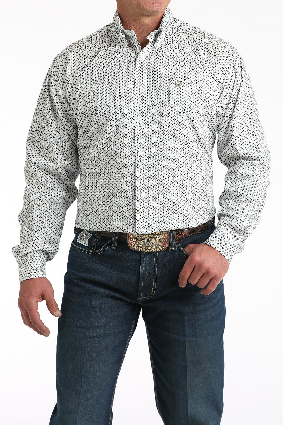 Cinch Men's White/Gray Geo Print Classic Fit Button-Down Western Shirt
