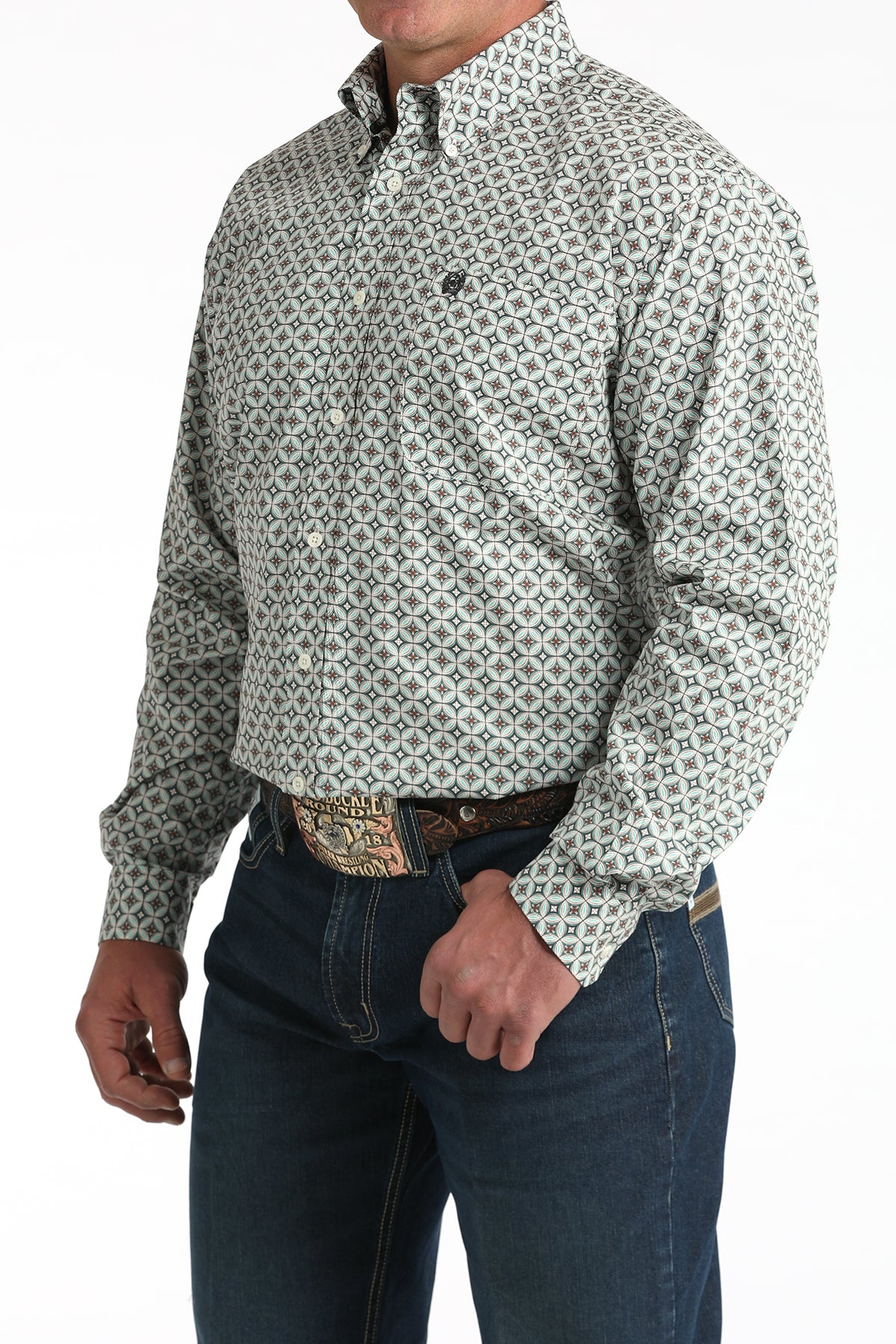 Men's geometric print western shirt with long sleeves and blue jeans