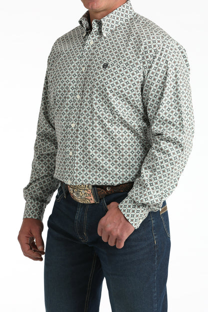 Men's geometric print western shirt with long sleeves and blue jeans