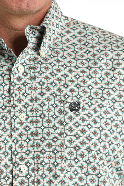 Men's geometric print button-up shirt with teal, brown, and white pattern