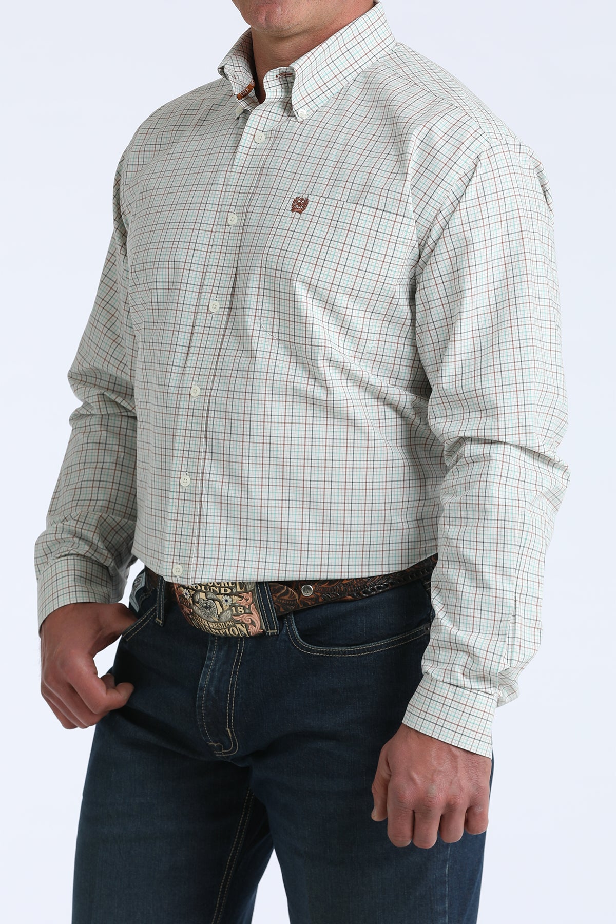 Men's long sleeve plaid button-down shirt with jeans and western belt buckle