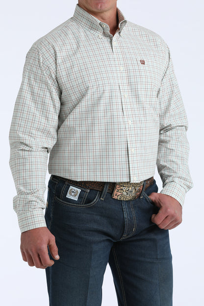 Men's long sleeve plaid button-down shirt with embroidered logo, paired with dark jeans and western belt.