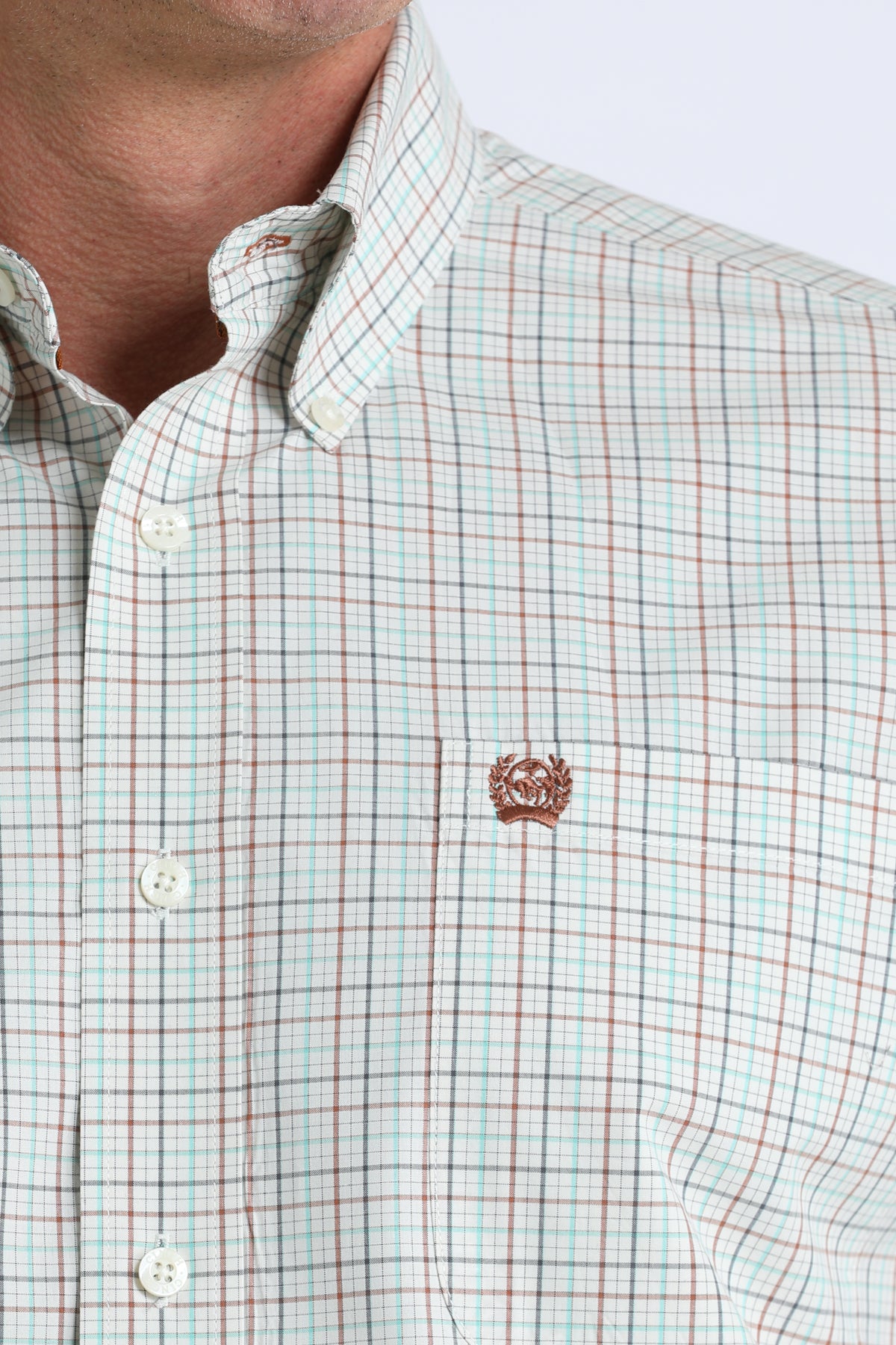 Men's button-down plaid shirt with chest pocket and embroidered crest logo