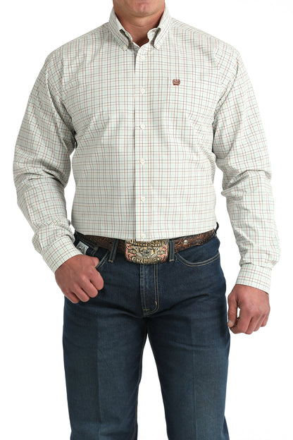 Men's western plaid button-down shirt with embroidered logo, paired with blue jeans and a tooled leather belt.