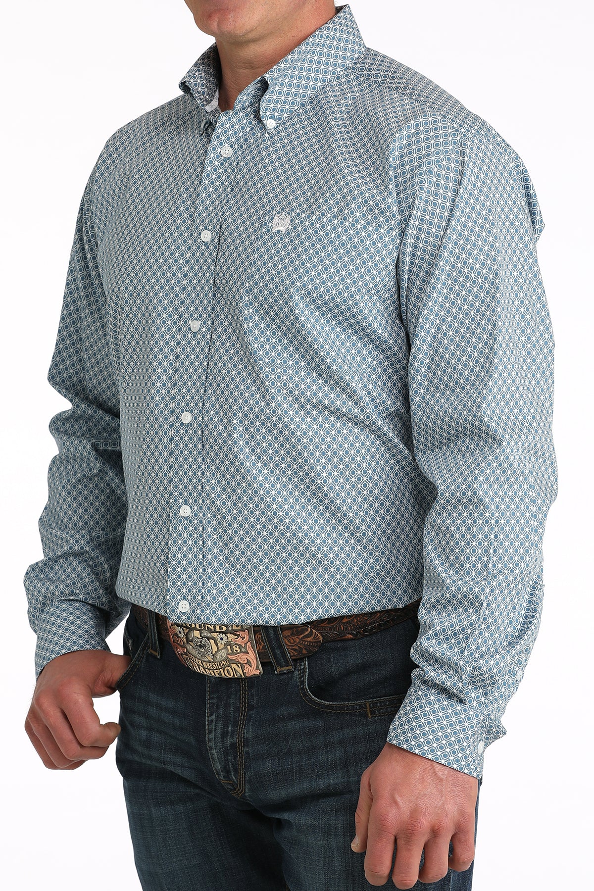 Men's blue geometric print button-down shirt with long sleeves and white buttons