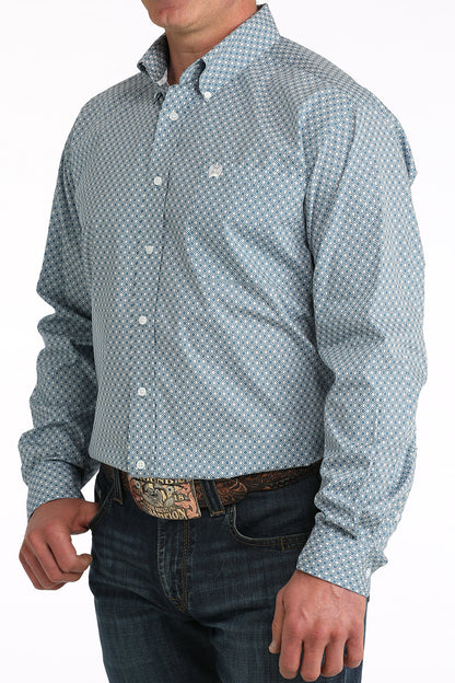 Men's blue geometric print button-down shirt with long sleeves and white buttons