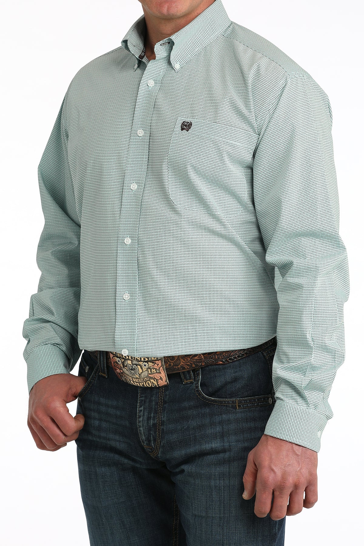 Light green checkered shirt worn by a person on a white background