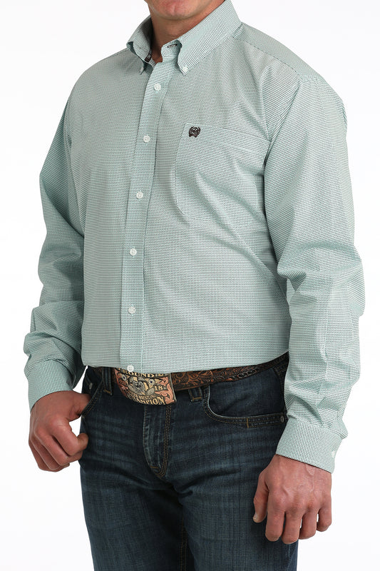 Light green checkered shirt worn by a person on a white background