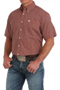 Men's Medallion Print Short Sleeve Button-Down Western Shirt - Red - MTW1111471