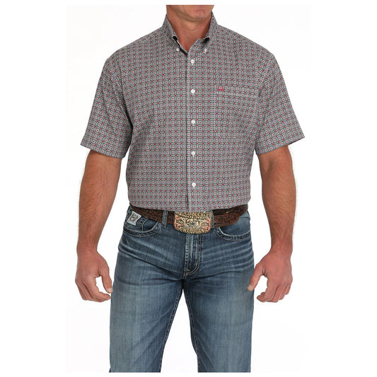 Cinch Men's Short Sleeve ArenaFlex Button down Shirt - White Print
