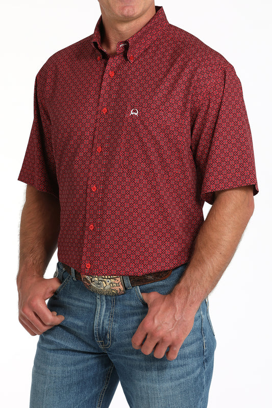 Men's Short Sleeve Geometric Print Button-Down Western Shirt - Red