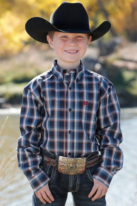 Boys' Long Sleeve Navy Plaid Shirt - STYLE MTW7060325