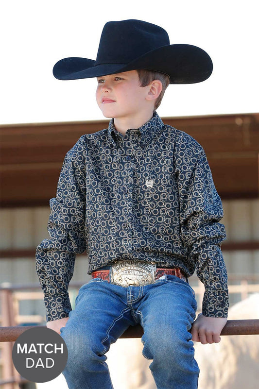 Boy's Rope Print Button-Down Western Shirt - Navy - MTW7060363