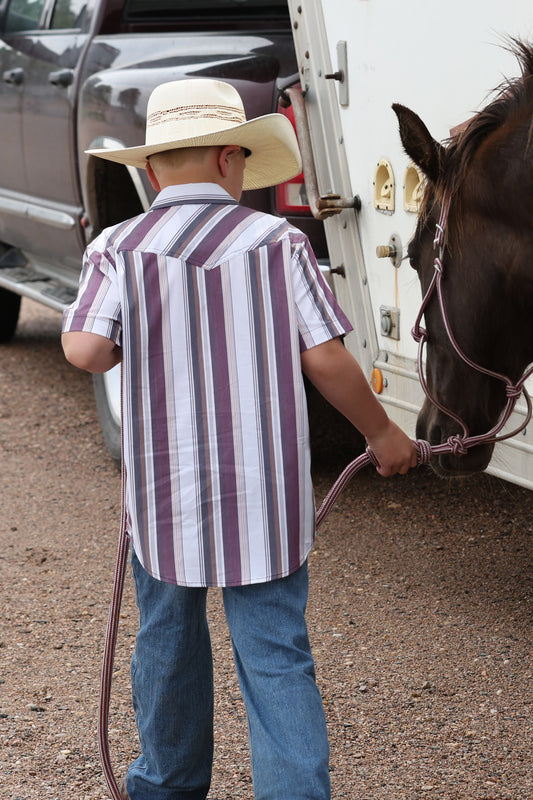 Person in a striped shirt and cowboy hat leading a horse next to a truck.