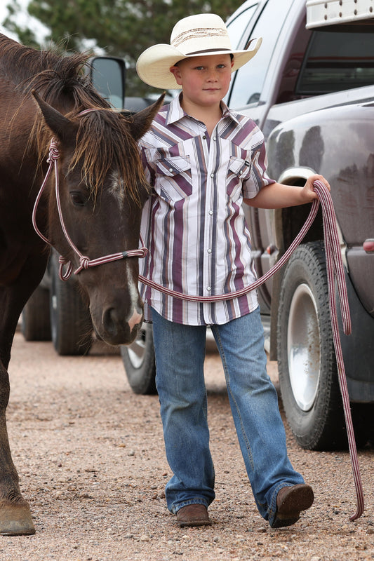 Young boy in a striped shirt and cowboy hat standing next to a horse with a truck in the background.