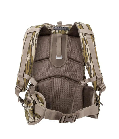 Rear view of a tactical backpack with a brown mesh back panel and camouflage fabric straps and side panels on a white background.