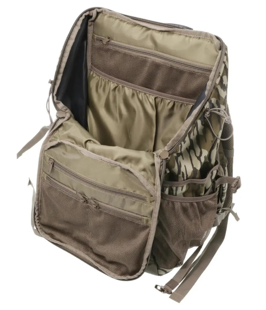 Open tactical backpack with multiple compartments on a white background