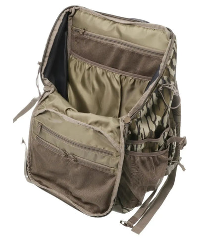 Open tactical backpack with multiple compartments on a white background