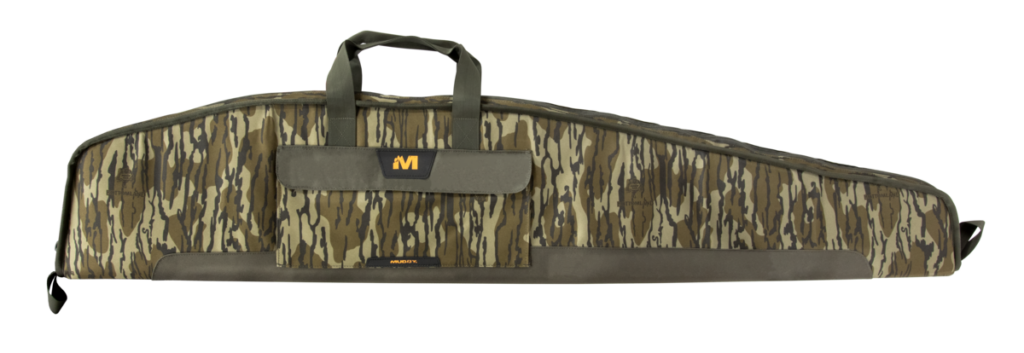 A long rifle or archery bow case with a vertical bark camouflage pattern in shades of brown, beige, and green, featuring a top carry handle and a front pocket with a yellow and black 'M' logo.