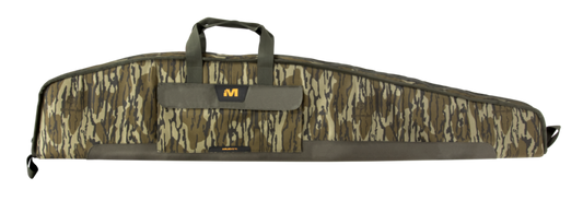 A long rifle or archery bow case with a vertical bark camouflage pattern in shades of brown, beige, and green, featuring a top carry handle and a front pocket with a yellow and black 'M' logo.