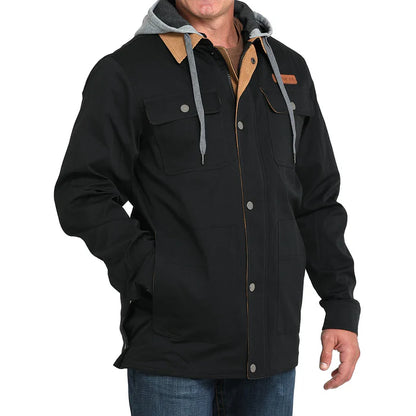 Men’s black work jacket with grey hood, front snap buttons, and utility pockets
