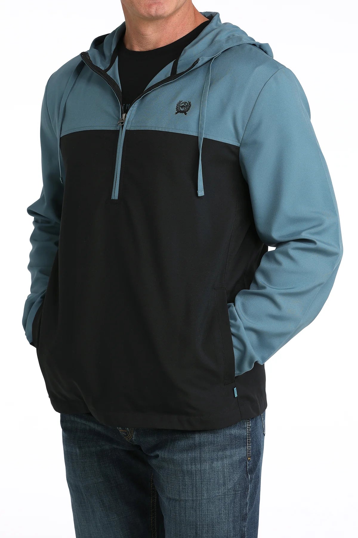 Men's blue and black hooded pullover jacket with half zip and front pockets