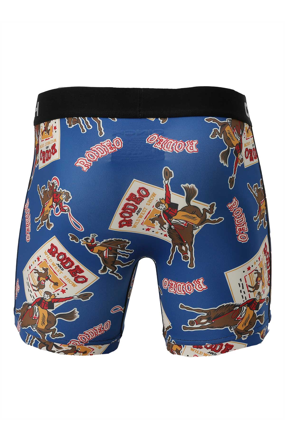 Men's boxer briefs with rodeo cowboy and horse print on blue fabric, western novelty underwear