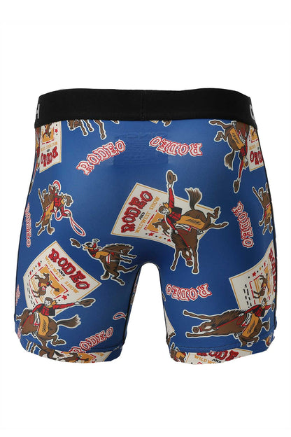 Men's boxer briefs with rodeo cowboy and horse print on blue fabric, western novelty underwear