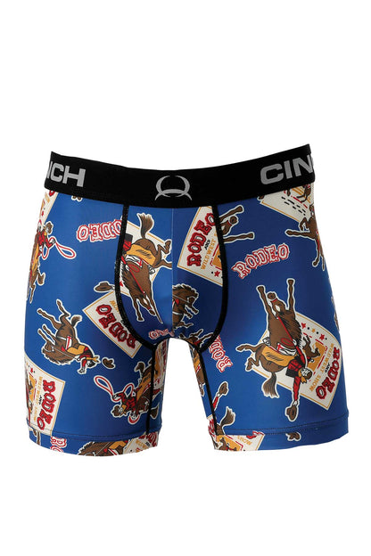 Blue rodeo-themed men's boxer briefs with cartoon cowboy and horse prints