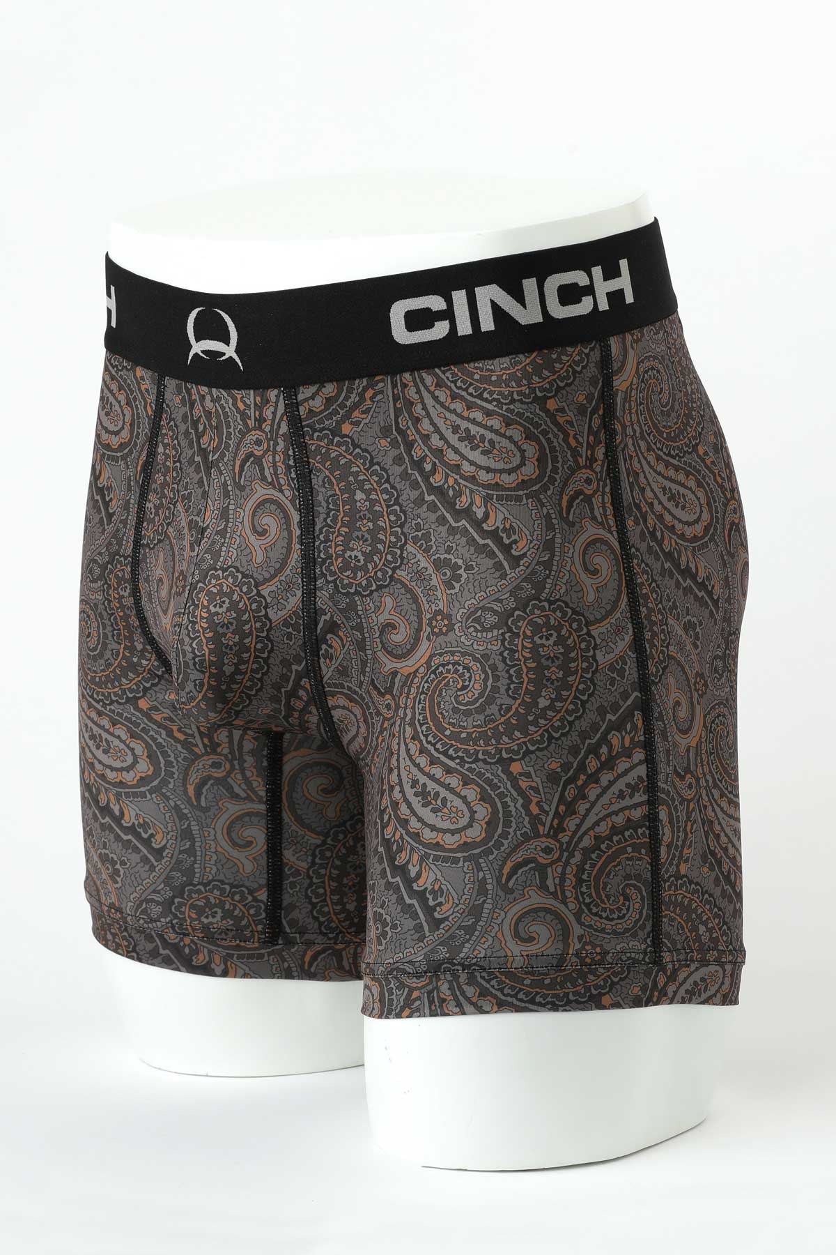 Men's paisley print boxer briefs with black waistband on a mannequin