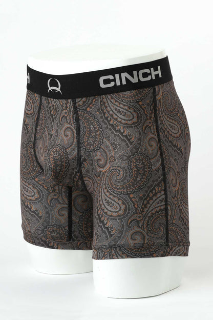 Men's paisley print boxer briefs with black waistband on a mannequin