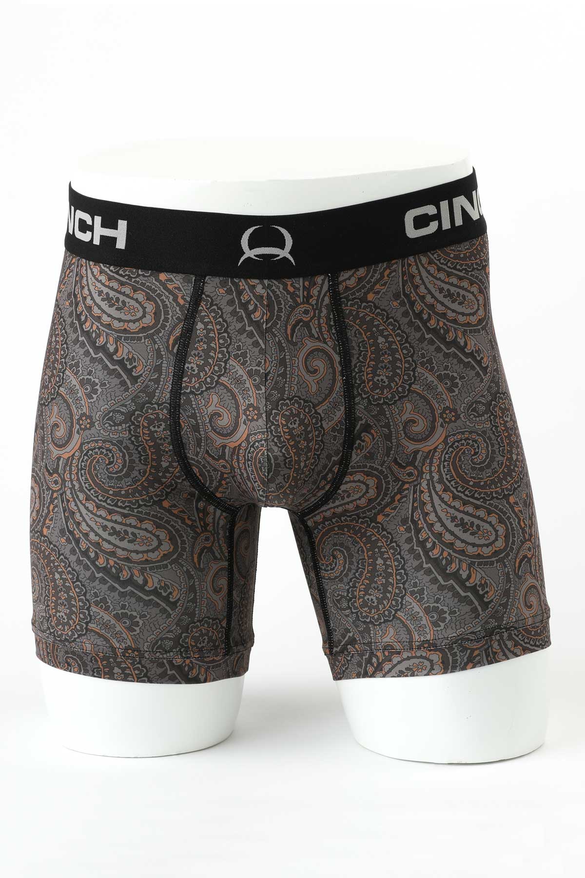 Men's boxer briefs with paisley pattern, black waistband, displayed on mannequin
