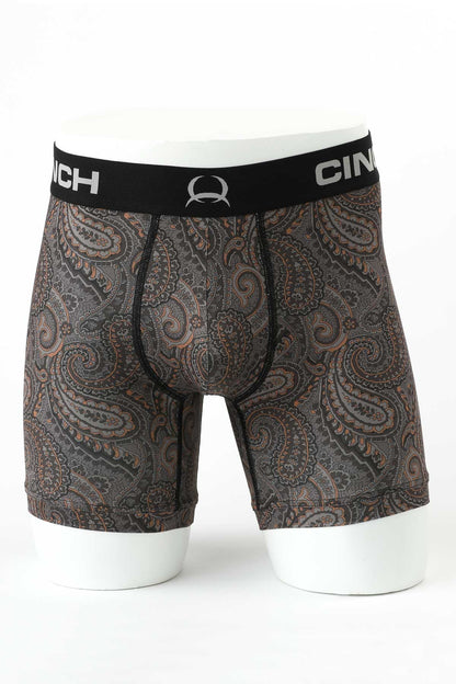 Men's boxer briefs with paisley pattern, black waistband, displayed on mannequin