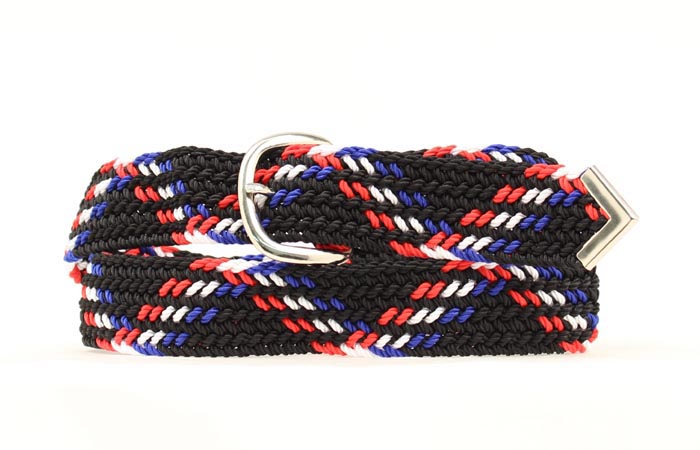 Multicolored braided belt with silver buckle on a white background