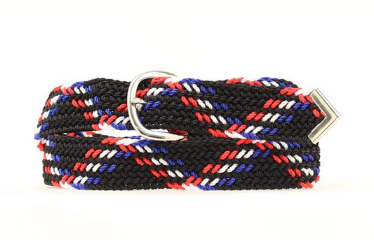 Multicolored braided belt with silver buckle on a white background